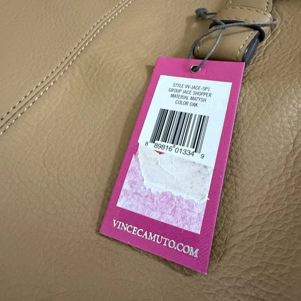 Vince Camuto Jace Shopper Leather Oak Double Handle Gold Trim Logo Classic NWT